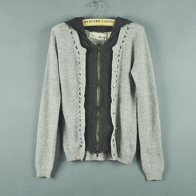 【新款女装外贸原单拼色<em>带帽针织</em>外套<em>拉链开衫</em>