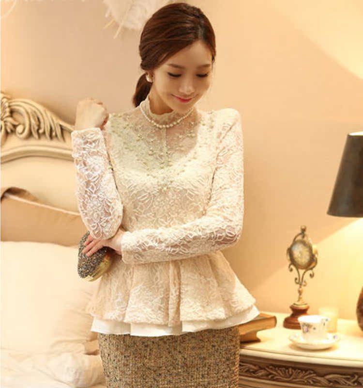 2014年春秋新款韩版女装上衣修身长袖蕾丝衫
