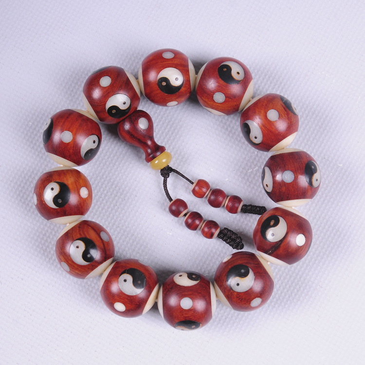 精品小叶紫檀镶牛骨佛珠 新品创意太极图 印度