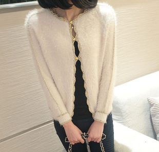 2013秋冬女装开衫金边长毛针织衫小开衫甜美女毛衣外套女