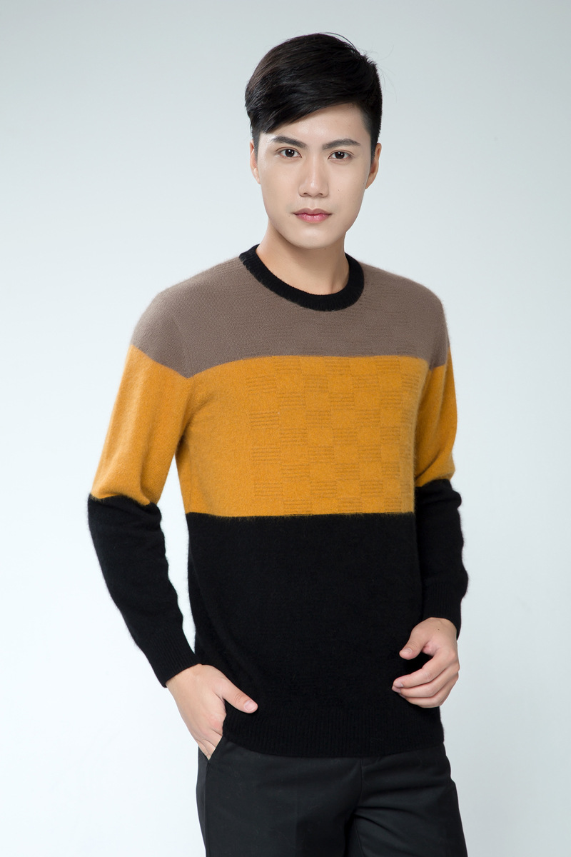 【冬装新款男士长袖 时尚<em>青年</em>拼色男装 圆领貂