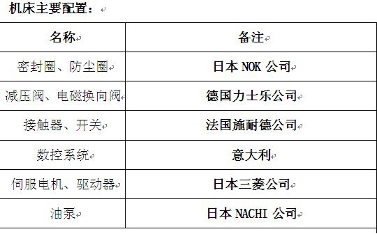 机床主要配置参数