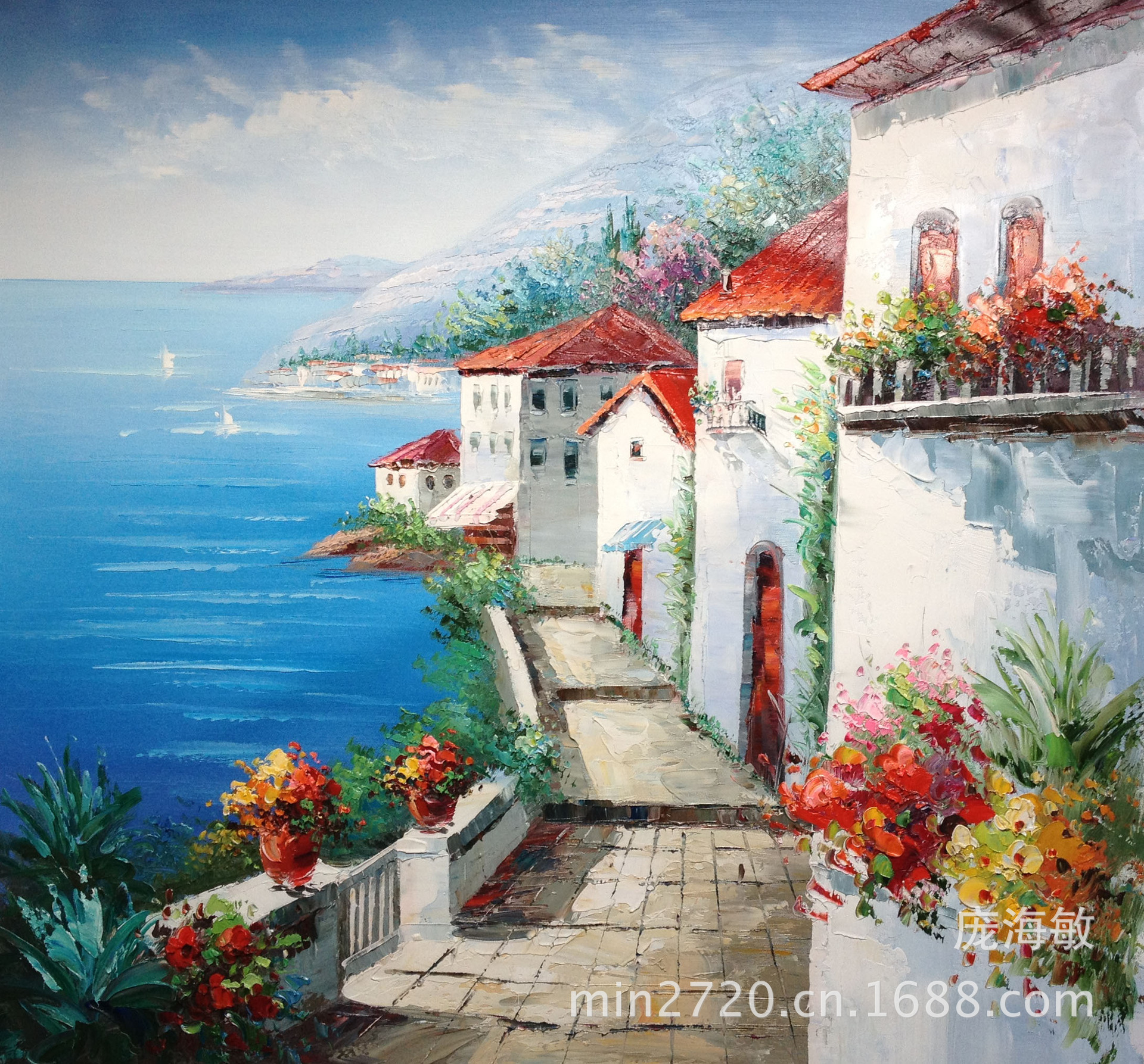 手绘油画花园景地中海风景刀画风景油画