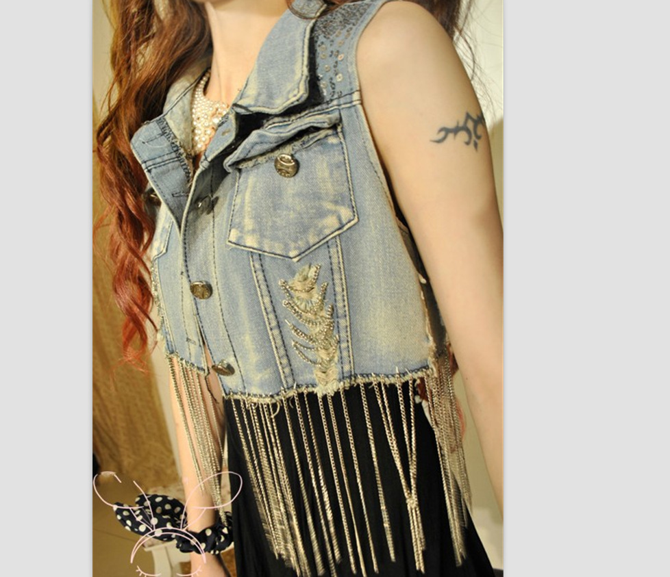 新款欧美<em>无袖</em>牛仔<em>马甲</em>女亮片流苏短款夏潮小外