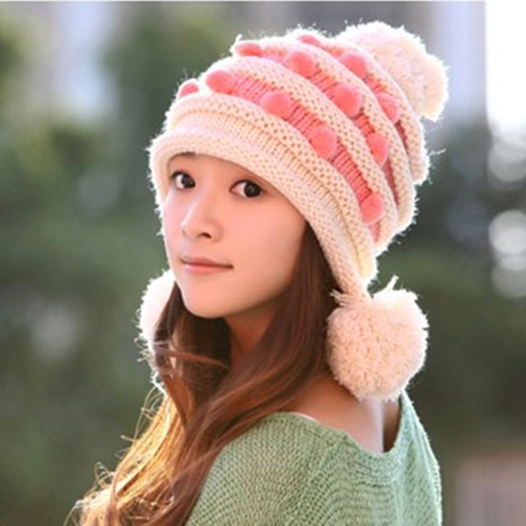 新款 女冬季毛线韩国帽子 时尚豆豆双球针织帽