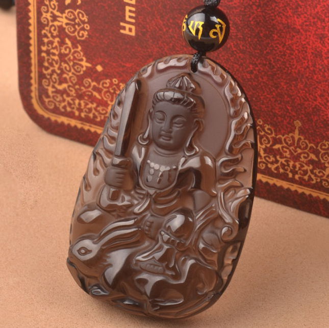 开光 磨砂冰种黑曜石<em>文殊菩萨</em>吊坠 属兔者本命