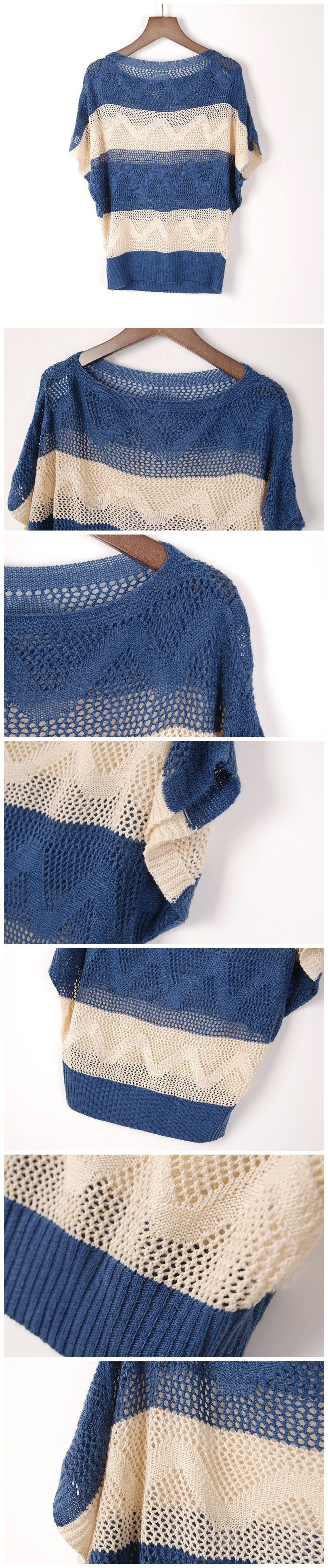 2013春夏新款女毛衣镂空针织衫 拼色镂空波浪条纹蝙蝠袖套头罩衫