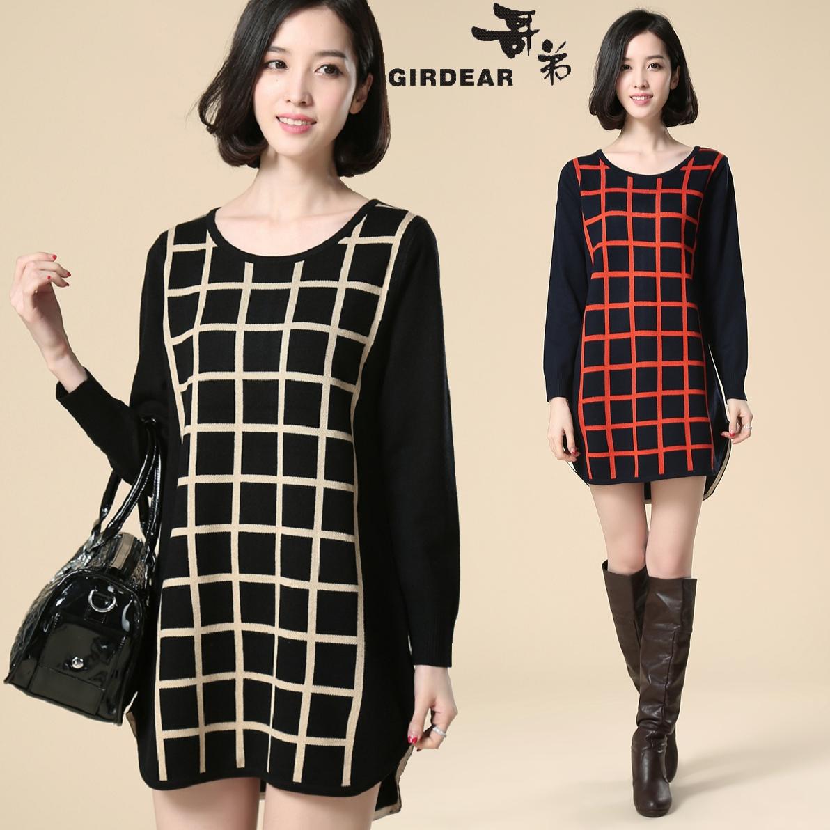 韩版宽松中<em>长款</em>格子针织<em>毛衣裙 秋冬</em>新品女装