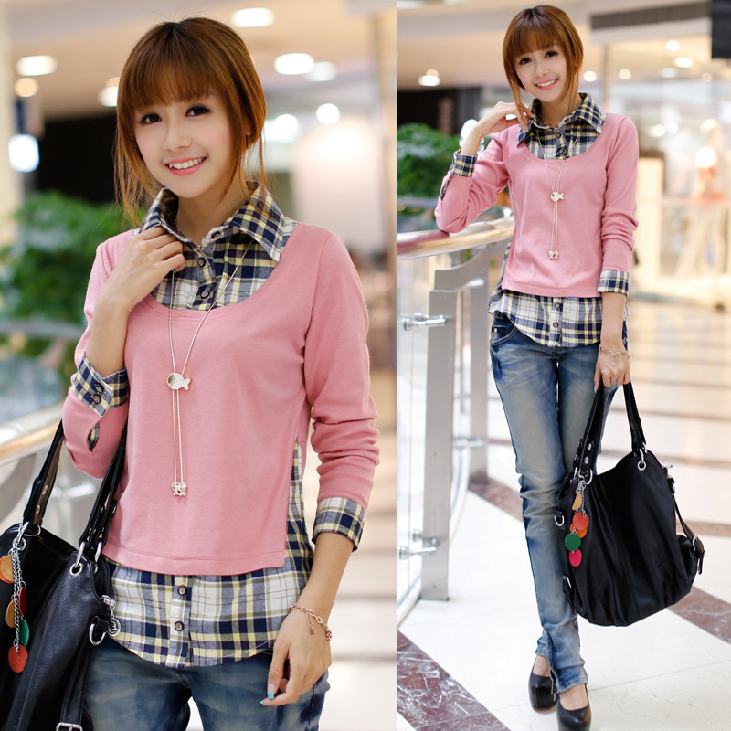 格子<em>假两件套</em>衬衫女长袖韩版修身2013<em>女士</em>衬