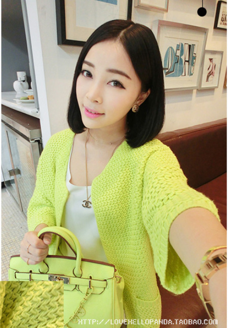 9韩版双口袋大袖口七分袖粗棒针<em>织开衫毛衣</em> 2