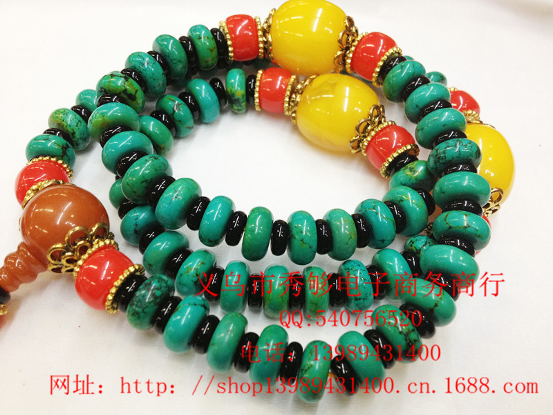 【秀够饰品 西藏风格108颗绿松石蜜蜡项链 绿