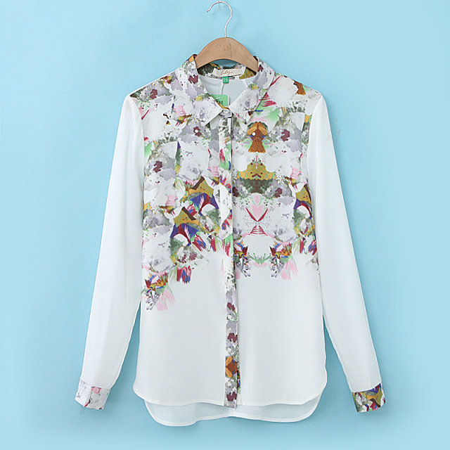 【2014<em>韩版</em>休闲印花<em>女士衬衫</em> 修身翻领雪纺开