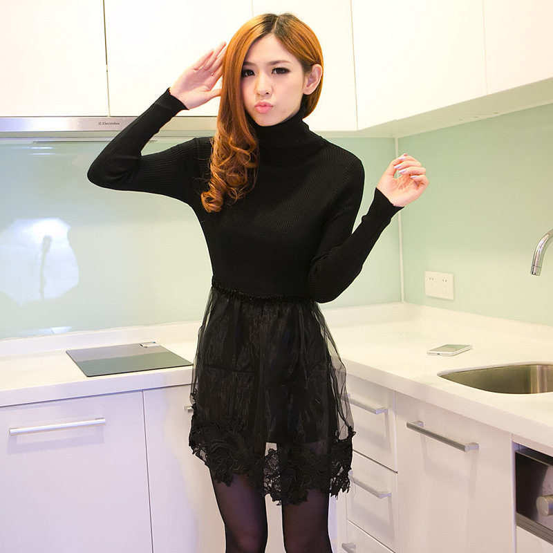 韩版<em>高领</em>修身显瘦 欧根纱拼接蓬蓬刺绣<em>超短</em>连