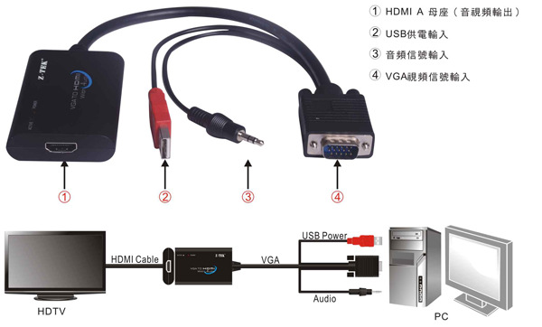 【力特 VGA转HDMI高清转换器 带音频输出 支