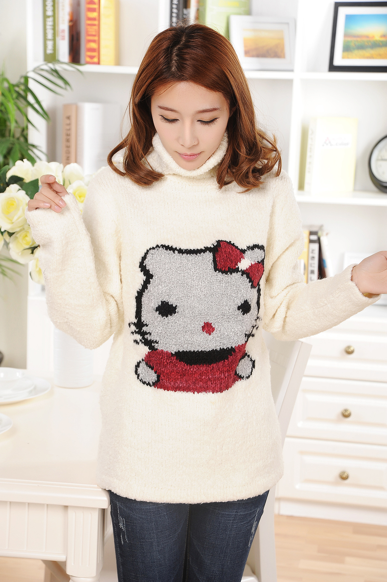 【【9元特批】<em>加厚高领女毛衣</em> 卡通kitty猫图案