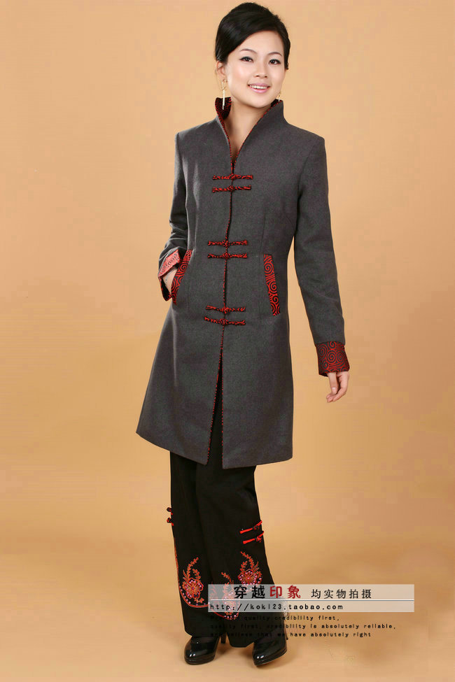 中式服装女式秋装长款上衣女士唐装羊毛尼外套