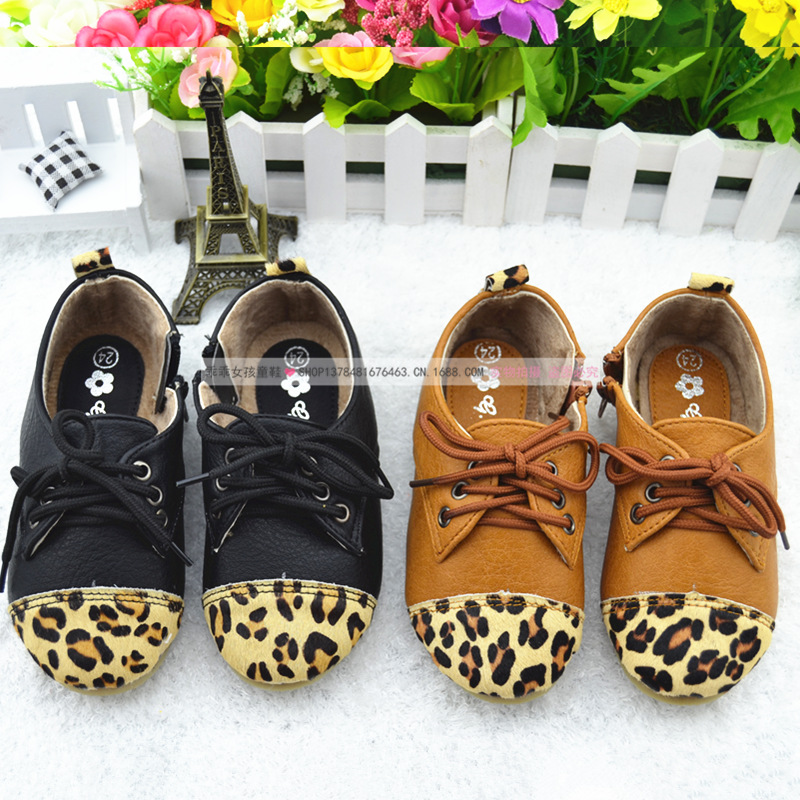 韩版童鞋批发单鞋软底豹纹休闲系带广州品牌女童皮鞋儿童鞋公主鞋