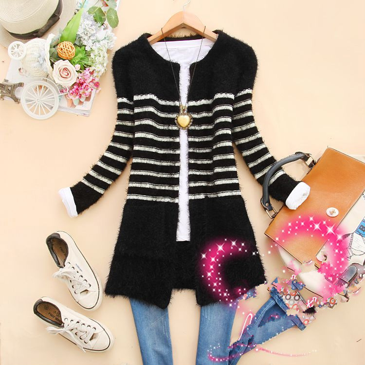 冬季甜美百搭条纹<em>马海毛开衫</em>外套 长袖<em>保暖</em>时