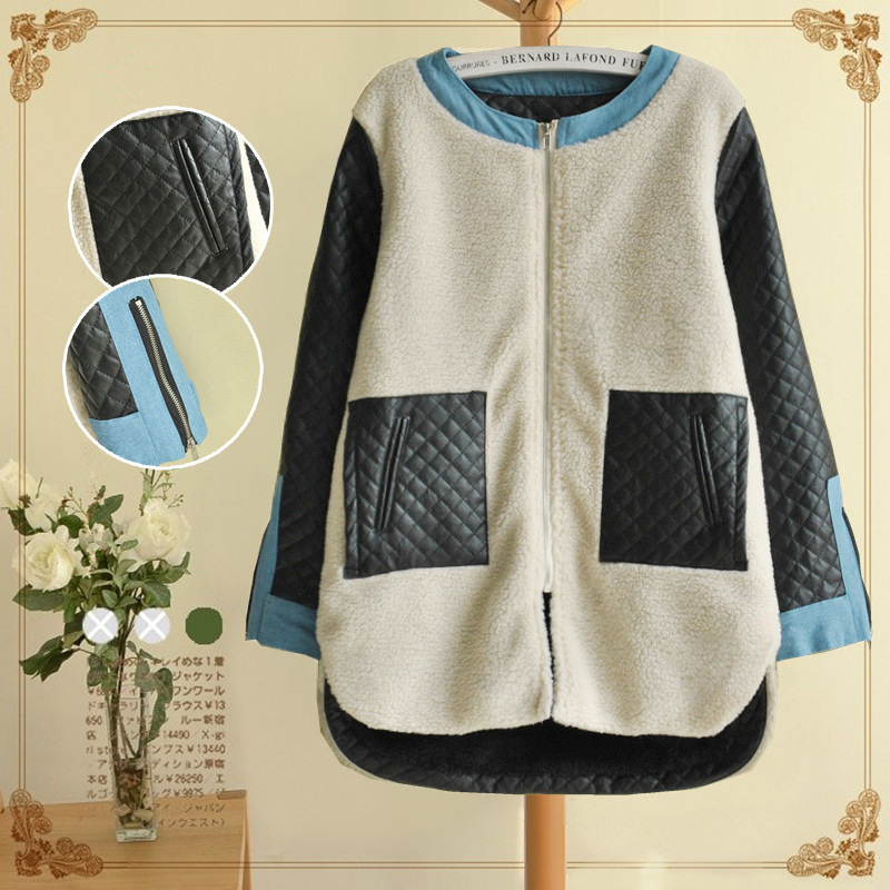新店大促冬季<em>女士</em>棉衣新款 <em>时尚</em>羊糕毛拼<em>皮革</em>