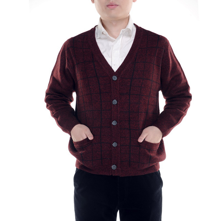 应中老年男士<em>羊绒</em>衫 方格<em>开衫</em> 外套毛衣 <em>上衣</em> 爸