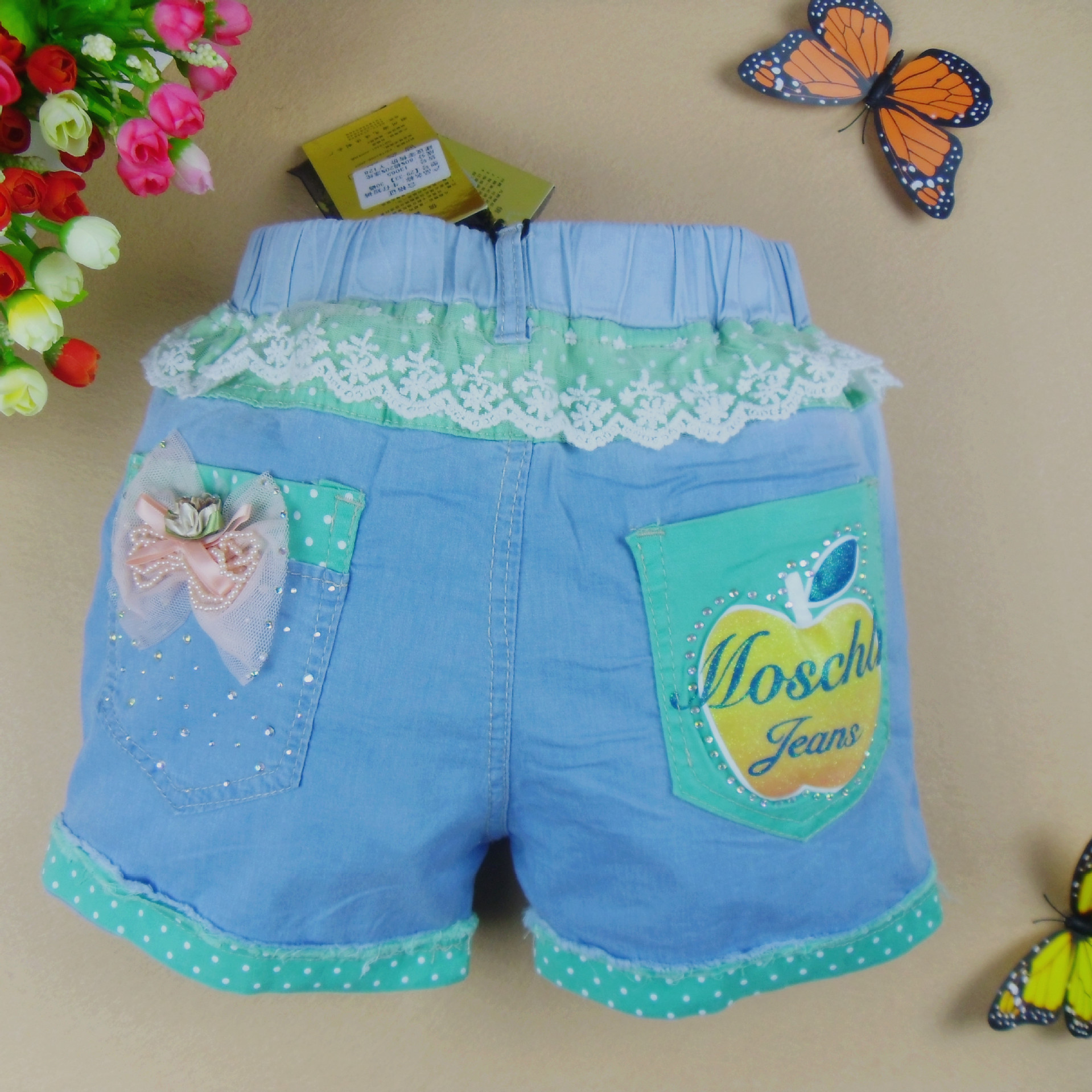 2013童装短裤 夏季儿童休闲裤 苹果口袋 烫钻沾