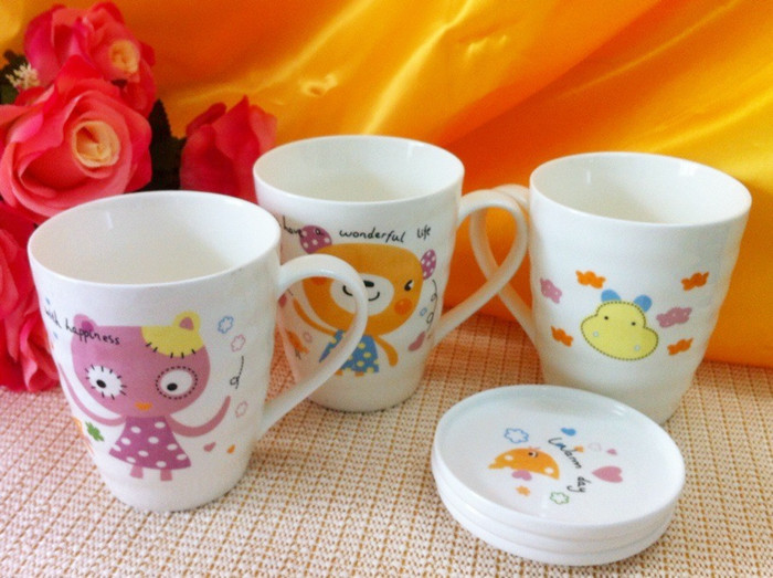 好釉康美锧陶瓷杯 带盖办公室茶杯 牛奶杯 马克