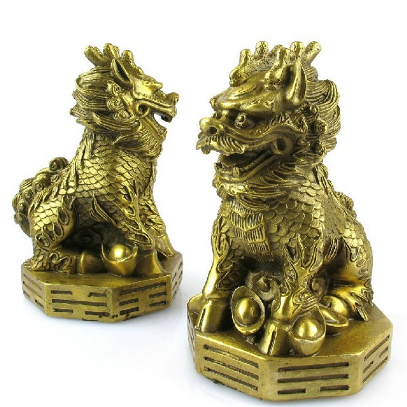 【鑫厵工艺 黄铜麒麟 纯铜坐八卦麒麟摆件 镇宅