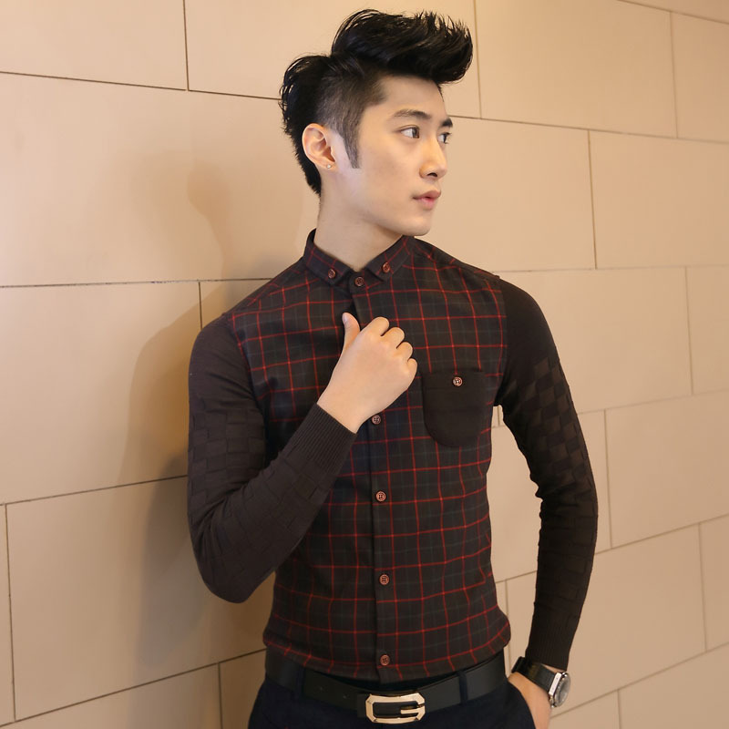 韩版修身个性袖子针织毛线拼接格子男士衬衣