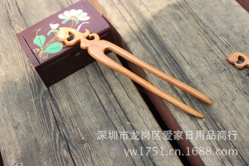 桃木手工雕刻发簪 木质发钗批发, 桃木复古可爱狐狸双钗图片_4