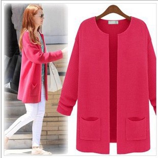 3秋冬新品 韩版百搭糖果色口袋<em>中长针织开衫</em> 