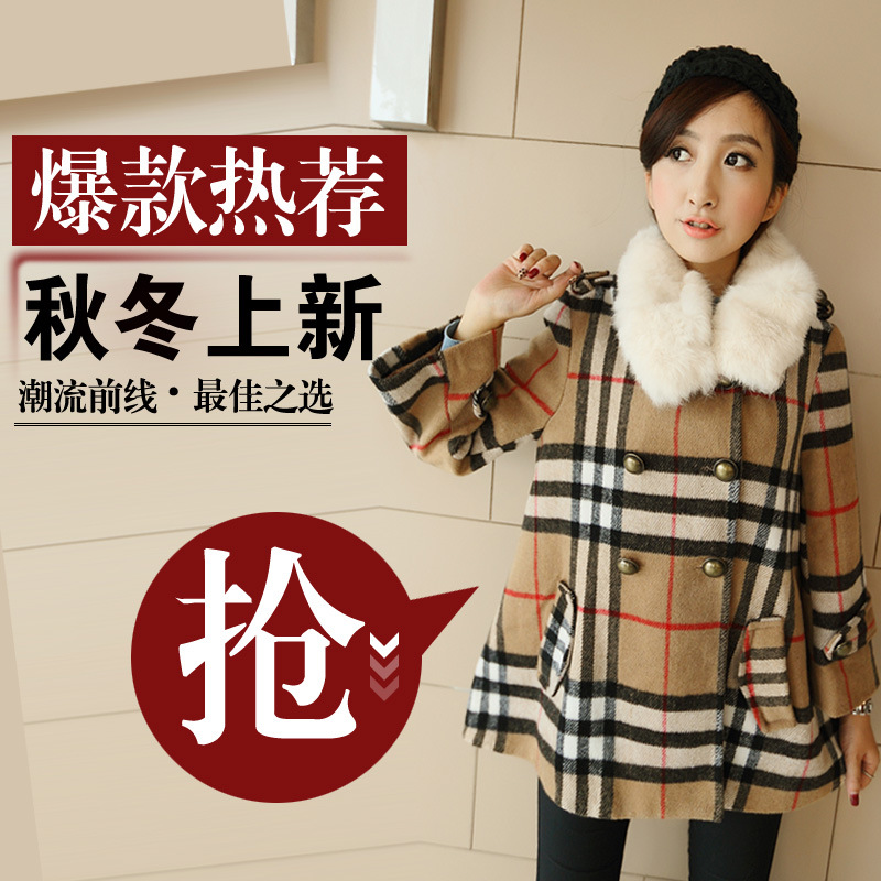 新款<em>韩版冬季</em>女式<em>格子</em>毛呢斗蓬<em>外套</em> 女装厂家