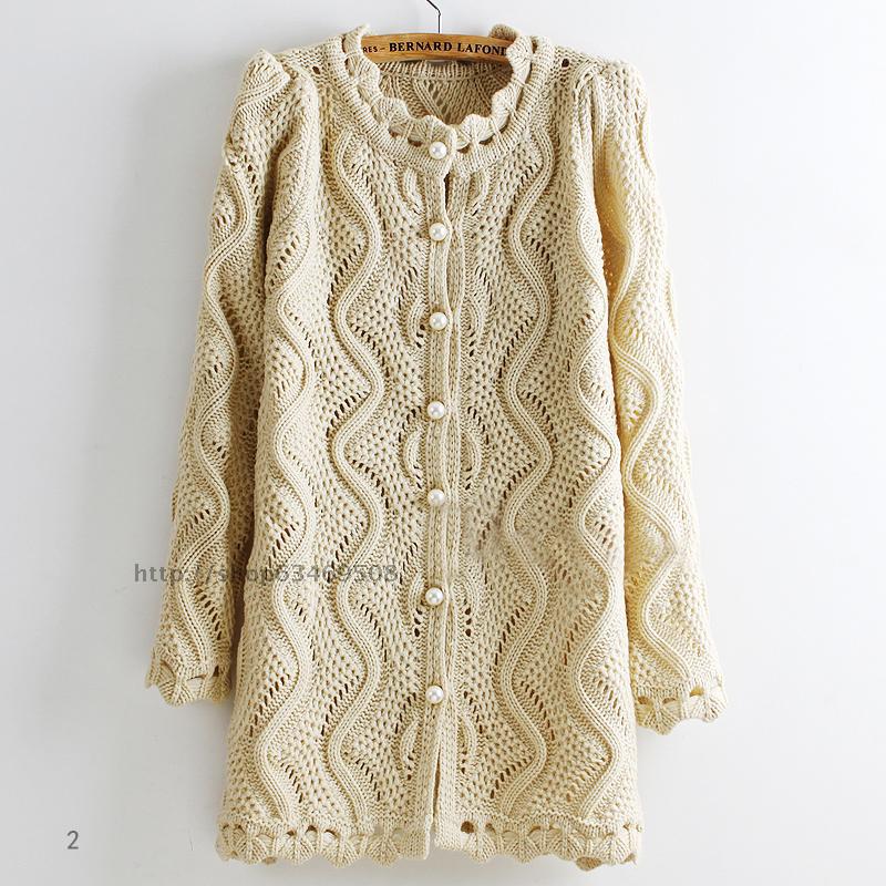 新款耸肩大珍珠扣波浪镂空<em>宽松</em>中<em>长款</em>毛衣<em>开衫</em>