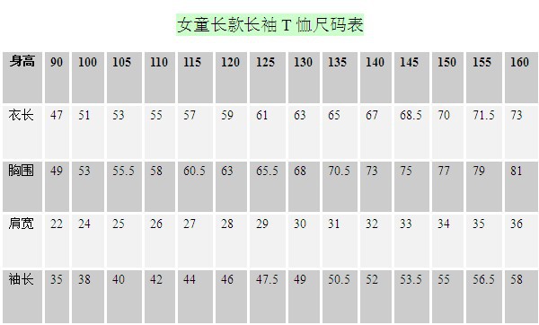 女童長款長袖T恤尺寸表