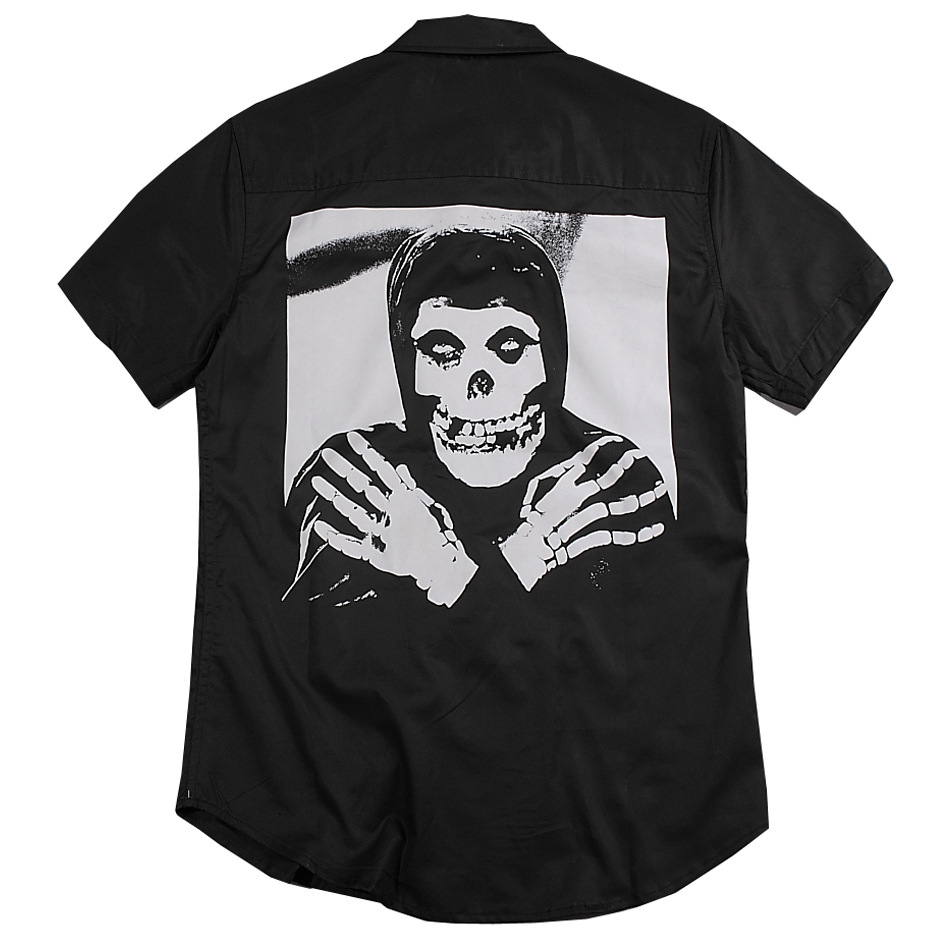 潮牌新款 纯黑 背后恐惧骷髅图案 男士短袖衬衣