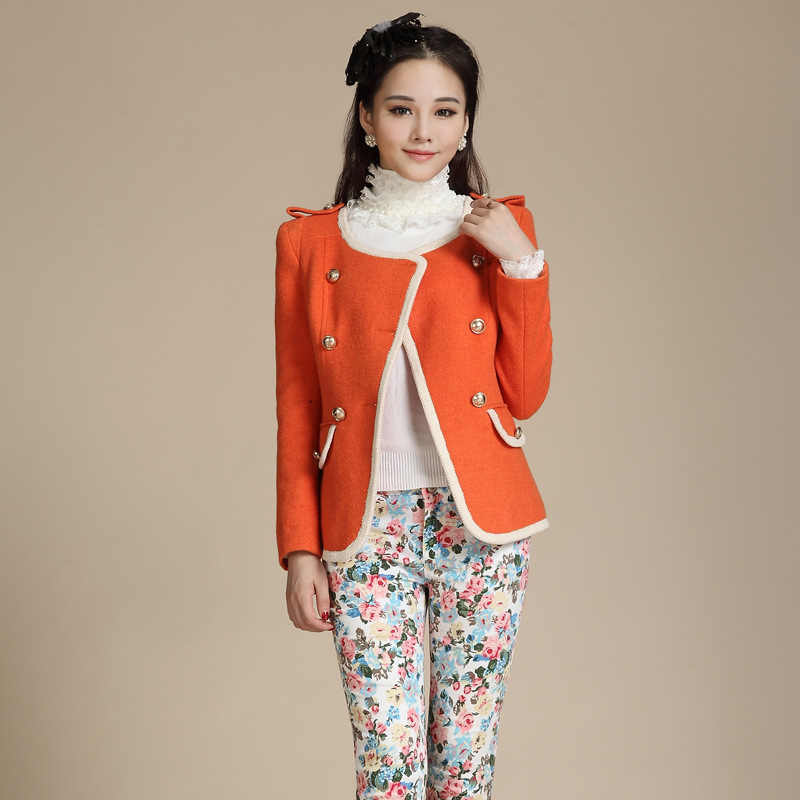 2013<em>冬装</em>新款女装<em>韩版</em>修身撞色长袖<em>毛呢短外</em>