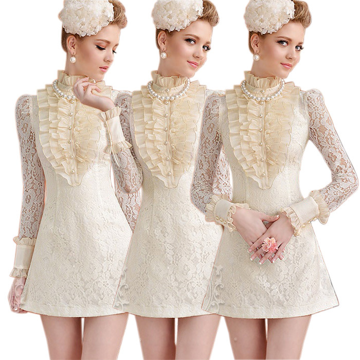 春裝米杏色蕾絲鑲拼荷葉邊修身打底裙長袖顯瘦連衣裙 免運費