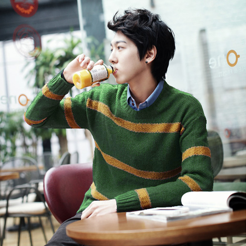 冬季新款<em>男式条纹毛衣</em> 男士粗线毛衣 时尚休闲