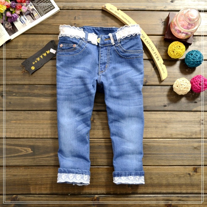 <em>STYLENANDA</em>同款 日韩<em>女装</em>蕾丝花边浅蓝七分