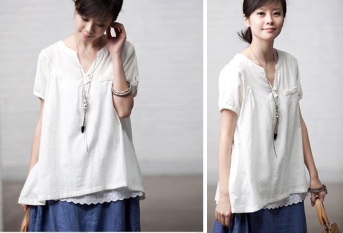 【清新无印江南 花边短袖宽松<em>大款</em>衬衫 森林日