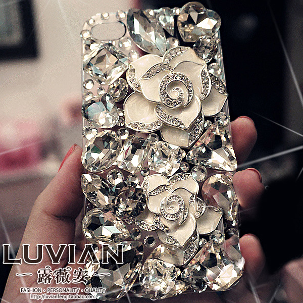 山茶花朵大颗水晶iPhone5手机壳水钻 镶钻手机
