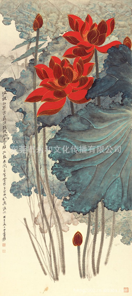 永和艺品 厂家供应名家字画 张大千 金线荷花60×133.