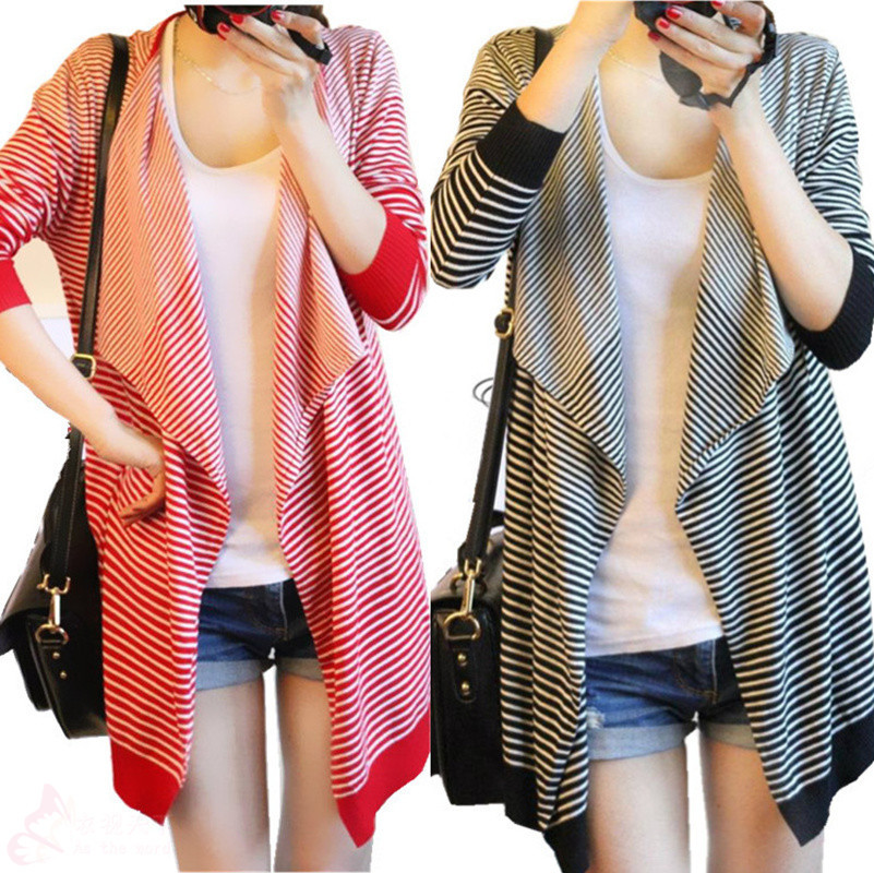 2013秋韩版女装中<em>长款条纹开衫</em>外套针织衫毛