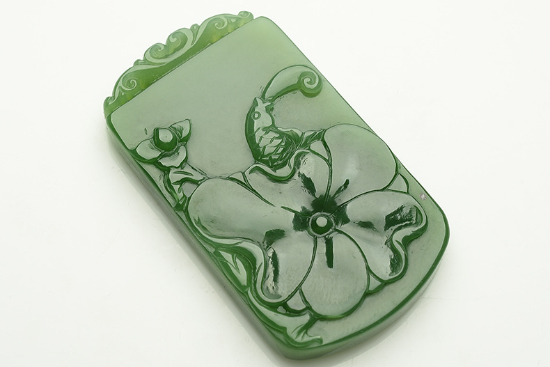 【小刘翡翠 和田玉碧玉荷叶鱼吊坠 天然和田玉