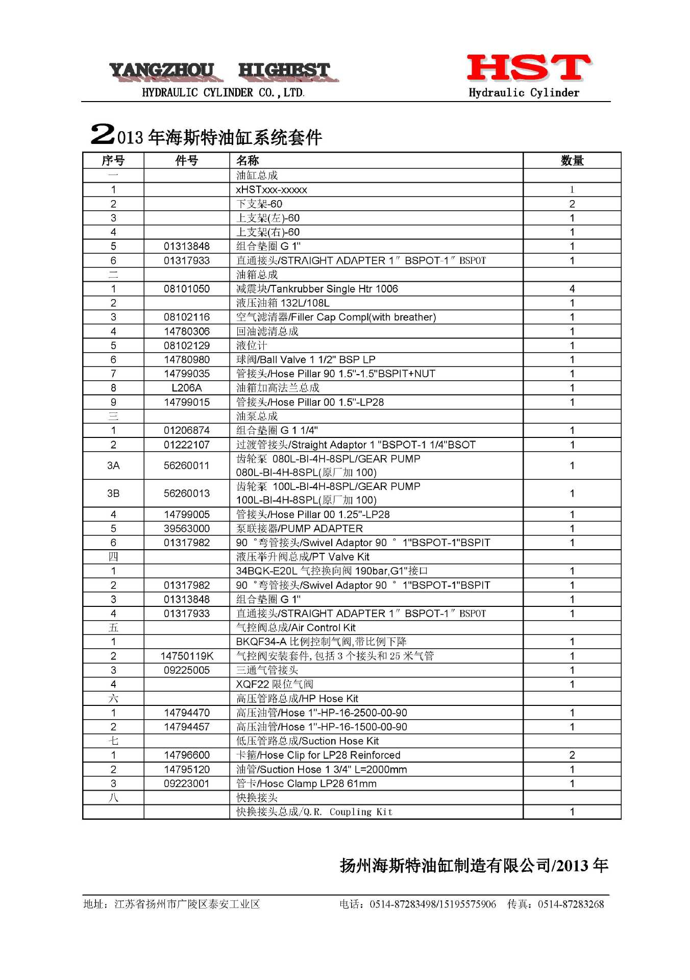 HST油缸系統套件類型