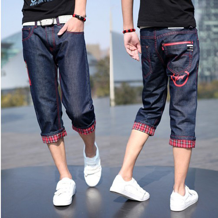 夏季学院风流行 红拉链人气 男士牛仔<em>七分裤</em> 男
