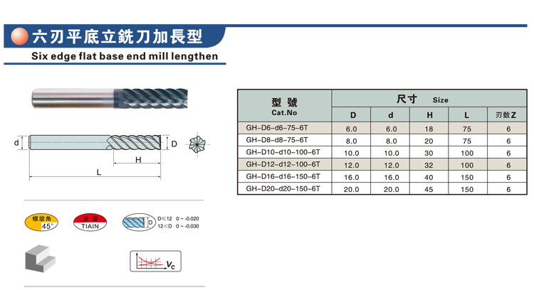 六刃平底立铣刀加长型
