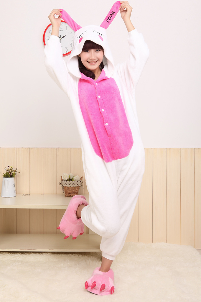 【珊瑚绒冬季可爱<em>卡通</em>love兔长袖<em>连体</em>女<em>睡衣</em>家