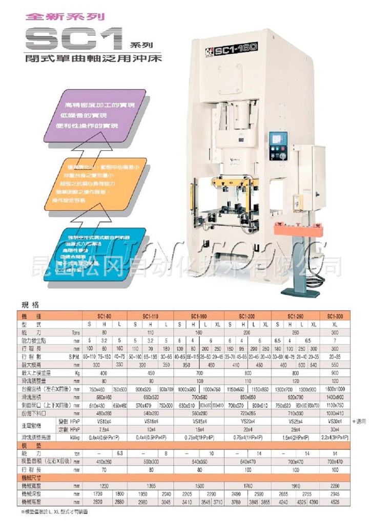 金丰冲床 SC1系列80T~300T 闭式单曲轴冲床 台湾金丰冲压机械