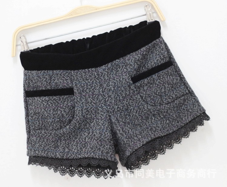 【秋冬新款韩版<em>格子</em>钩花毛呢<em>短裤</em>冬<em>女士短裤</em>修