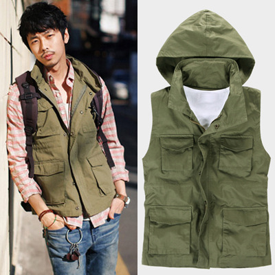 <em>男士</em>春秋款<em>工装马甲</em>男式多口袋连帽水洗<em>工装马</em>